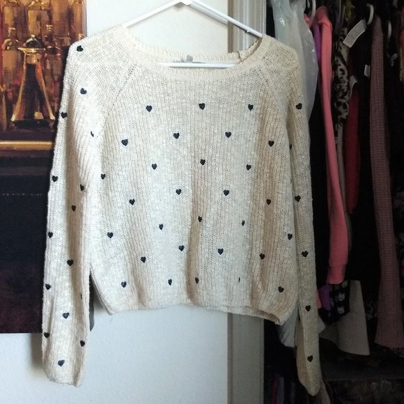 Papaya Sweaters - Textured Sweater Oatmeal Pullover Navy Blue Hearts